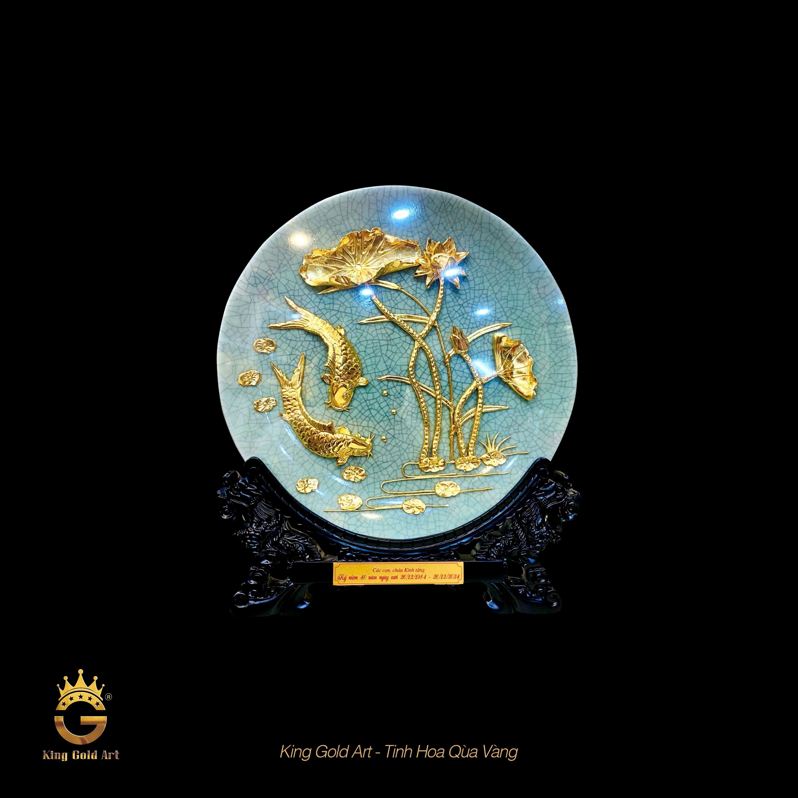 Đĩa Men Ngọc Cá Chép Hoa Sen Dát Vàng 24K
